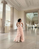 Sexy Pink A-line Low Neck Sleeveless Tulle Long Ball Gown Evening Dress HZ1024