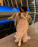 Sexy Pink A-line Low Neck Sleeveless Tulle Long Ball Gown Evening Dress HZ1024