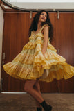 Vintage Yellow A-line Strap Lace Trim Mini Party Dress Homecoming Dress HZ1024