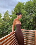 Sexy Brown Strapless Sleeveless Ruffled Mermaid Long Ball Gown HZ1024