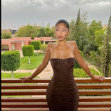 Sexy Brown Strapless Sleeveless Ruffled Mermaid Long Ball Gown HZ1024