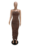 Sexy Brown Strapless Sleeveless Ruffled Mermaid Long Ball Gown HZ1024