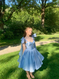 Sweet Blue A-line Strap Sleeveless Satin Bow Mini Party Dress Homecoming Dress HZ1024