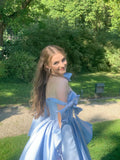Sweet Blue A-line Strap Sleeveless Satin Bow Mini Party Dress Homecoming Dress HZ1024