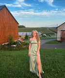 Simple satin green off-shoulder slit long prom dress bridesmaid dress HZ1024