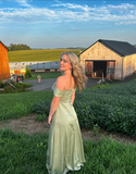 Simple satin green off-shoulder slit long prom dress bridesmaid dress HZ1024