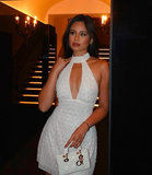 Elegant White Round Neck Off Shoulder Hollow Mini Ball Gown Evening Dress HZ1024