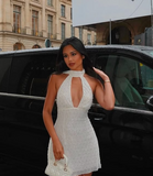 Elegant White Round Neck Off Shoulder Hollow Mini Ball Gown Evening Dress HZ1024