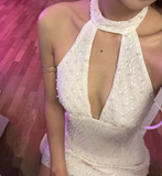 Elegant White Round Neck Off Shoulder Hollow Mini Ball Gown Evening Dress HZ1024