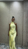 Chic Yellow High Neck Off Shoulder Sleeveless Long Ball Gown Evening Dress HZ1024