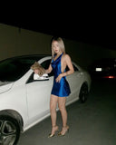 Sexy Blue Sleeveless Satin Backless Short Ball Gown Evening Dress HZ1024