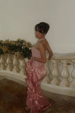 Elegant Pink Strapless Tulle 3D Flower Beaded Satin Mermaid Ball Gown Evening Dress HZ1024