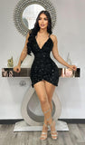 Sexy Strap Black Sequin V Neck Short Ball Gown Evening Dress HZ1024