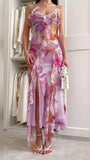 Elegant Purple Printed Spaghetti Strap Chiffon Slit Ball Gown Evening Dress HZ1024