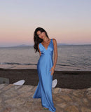 Mermaid V-neck Strap Sleeveless Blue Satin Simple Ball Gown Evening Dress HZ1024