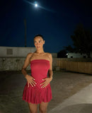 Strapless Burgundy Pleated Mini Ball Gown Evening Dress HZ1024