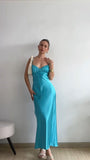 Spaghetti Strap Satin Lake Blue Simple Ankle-Length Ball Gown Evening Dress HZ1024
