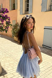Spaghetti Strap V Neck A-Line Sleeveless Blue Backless Tulle Mini Party Dress Homecoming Dress HZ1024