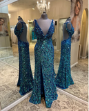 Gorgeous Strap Deep V Neck Backless Slit Sequin Mermaid Prom Dress Evening Dress HZ1024