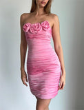 Off-the-shoulder Sleeveless Pink 3D Flower Pleated Mini Ball Gown Evening Dress HZ1024