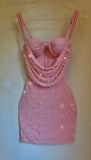 Sexy Pink Sweetheart Neck Hollow Pearl Bodycon Mini Birthday Party Dress Prom Dress HZ1024