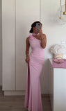 Elegant Pink One Shoulder 3D Floral Slit Mermaid Long Prom Dress Evening Dress HZ1024