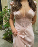 Pink Soft Satin V-Neck Short Sleeve Lace Long Prom Dress Evening Dress HZ1024