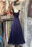 Retro Navy Blue Shoulder Straps 3D Flower A-Line Prom Dress HZ1024