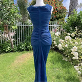 Vintage Navy Strapless Sleeveless Ruffled Mermaid Tulle Ball Gown Evening Dress HZ1024