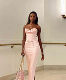Satin Pink Strapless Sweetheart Neck Mermaid Long Ball Gown Evening Dress HZ1024