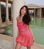 Sweet Pink Puff Skirt Strapless Tulle Mini Birthday Party Dress Homecoming Dress HZ1024