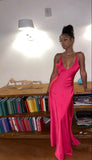 Hot Pink Spaghetti Strap Low Neck Satin Slit Floor Length Ball Gown Evening Dress HZ1024