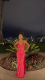 Hot Pink Spaghetti Strap Low Neck Satin Slit Floor Length Ball Gown Evening Dress HZ1024