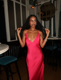 Hot Pink Spaghetti Strap Low Neck Satin Slit Floor Length Ball Gown Evening Dress HZ1024