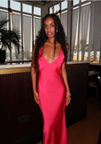 Hot Pink Spaghetti Strap Low Neck Satin Slit Floor Length Ball Gown Evening Dress HZ1024