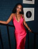 Hot Pink Spaghetti Strap Low Neck Satin Slit Floor Length Ball Gown Evening Dress HZ1024