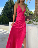 Hot Pink Spaghetti Strap Low Neck Satin Slit Floor Length Ball Gown Evening Dress HZ1024