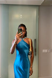 Chic Satin Halter Neck Mermaid Blue Long Prom Dress Evening Dress HZ1024