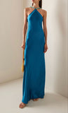 Chic Satin Halter Neck Mermaid Blue Long Prom Dress Evening Dress HZ1024