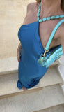 Chic Satin Halter Neck Mermaid Blue Long Prom Dress Evening Dress HZ1024