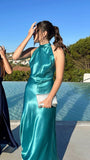 Simple Green High Neck Off Shoulder Satin Long Formal Prom Dress Evening Gown HZ1024