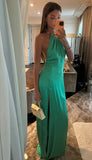 Chic halterneck off-shoulder sleeveless slit green long prom dress evening dress HZ1024