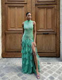 High collar green slit tulle long gorgeous prom dress evening dress HZ1024