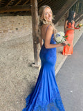 Spaghetti Strap Lace Sleeveless Backless Satin Long Formal Mermaid Ball Gown Bridesmaids HZ1024