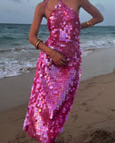Gorgeous Hot Pink Sequined Backless Sleeveless Ankle-Length Prom Dress Evening Dress HZ1024