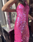 Gorgeous Hot Pink Sequined Backless Sleeveless Ankle-Length Prom Dress Evening Dress HZ1024