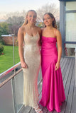 Spaghetti Strap Satin Sleeveless Slit Ankle-Length Prom Dress Bridesmaid Dress HZ1024