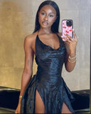 Chic Black Halter Low Neck Slit Short Prom Dress Party Dress HZ1024