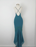 Vintage Blue Spaghetti Strap V Neck Beaded Off Shoulder Mermaid Ball Gown Evening Dress HZ1024