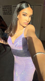 Sparkling Purple Straps V Neck Sequin Floor Length Prom Dress Bridesmaid Dress HZ1024